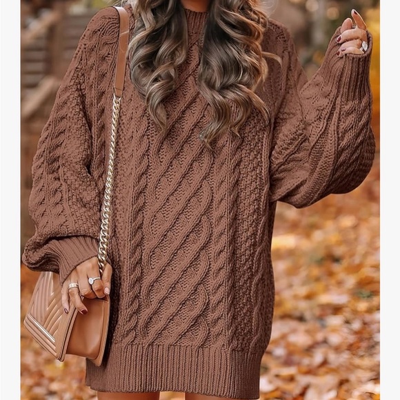 Cozy Cable Knit Sweater Dress in Taupe - Picture 3 of 8